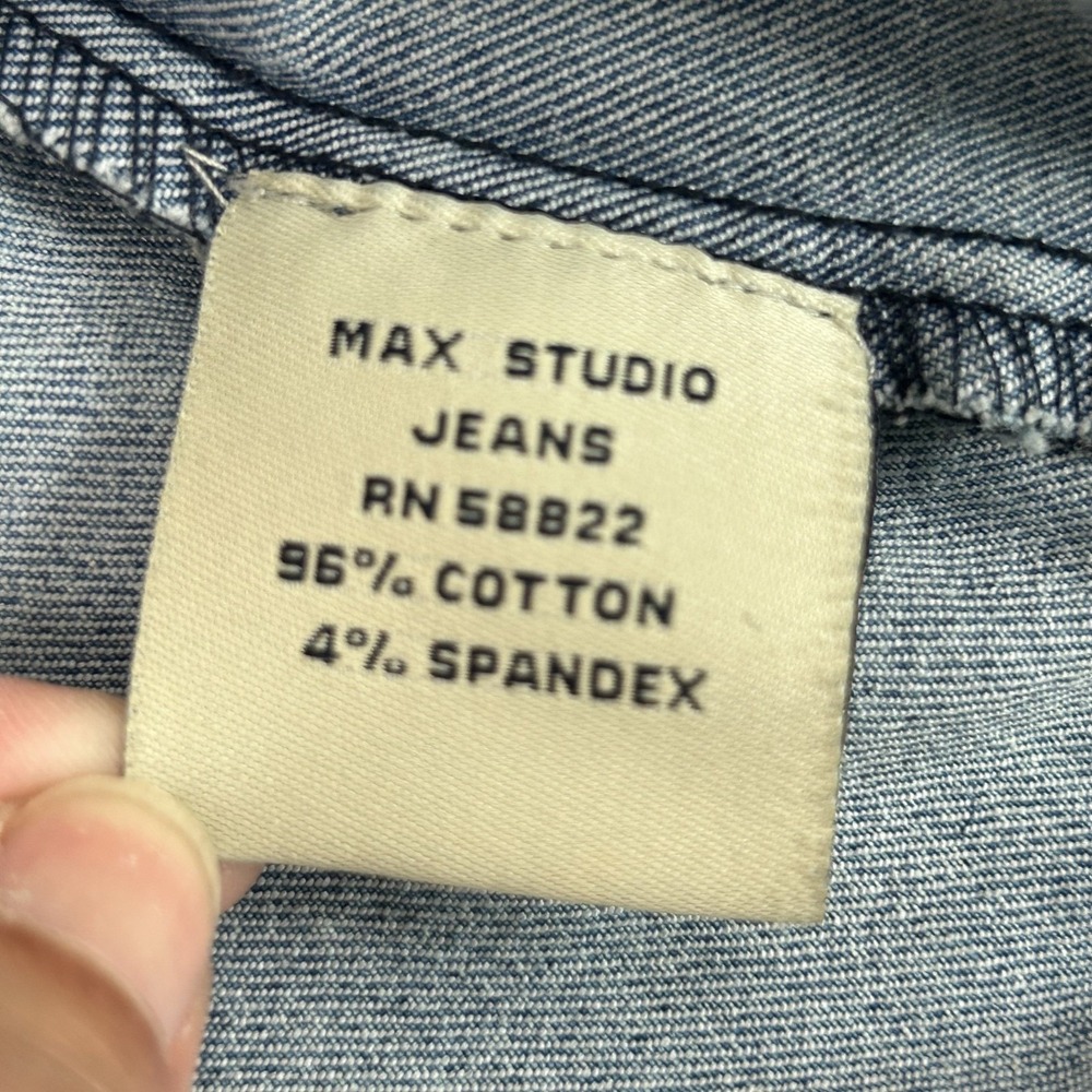 Max Studio Women's Jean Jacket Blue Distressed Stretch Y2K Grunge Streetwear - L - Picture 7 of 16